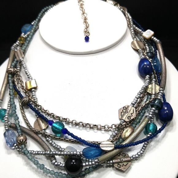 Chico’s Multistrand Silver Blue Beaded Necklace 7 Strands Adjustable 20" - Picture 3 of 7